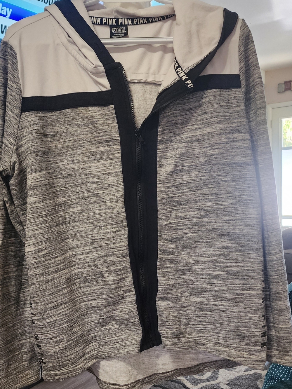 PINK Victoria's Secret Gray & Black Hooded Jacket Sz Lrg